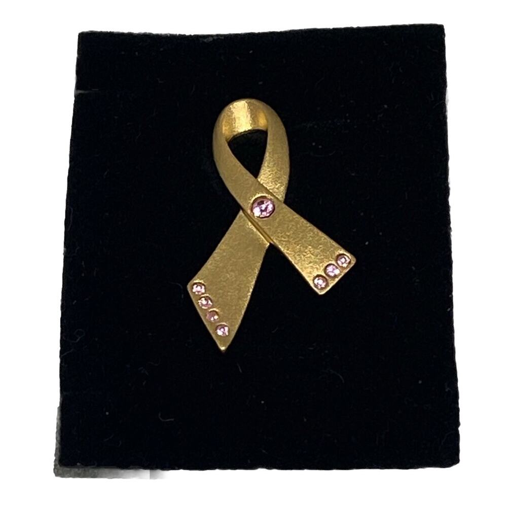 Vintage Avon Gold Metal Pin Pink Rhinestones Ribbon Design Breast Cancer Signed